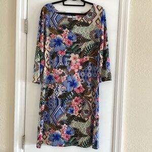 Jean Pierre Klifa Shift/Sheath Dress Hibiscus Floral/Geometric Mix Print UPF 50+